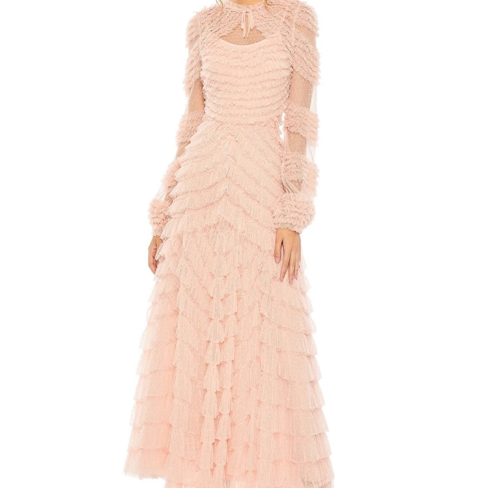 Mac duggal Peach Net Ruffles High Neck Mania Puffed Sleeves Gown